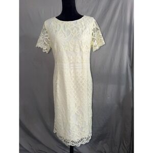 Preston & York Lace Sheath Dress Women 8 Yellow Short Sleeve Knee Length